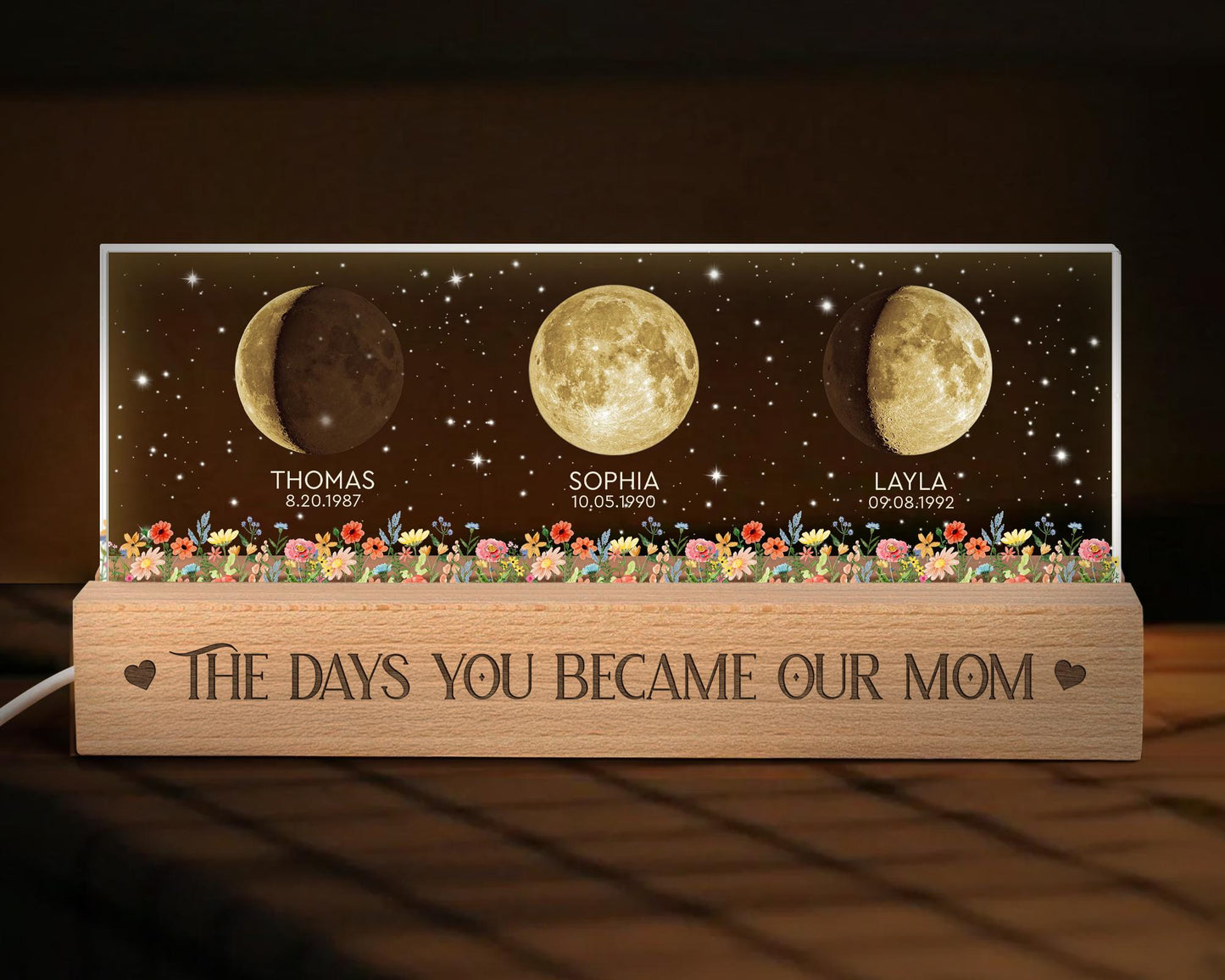 Custom Moon Phase Acrylic Night Light | Personalized Name, Date & Quote Mom Gift