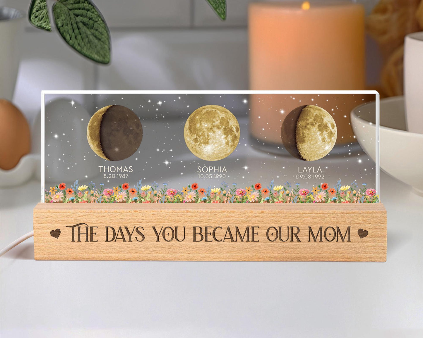 Custom Moon Phase Acrylic Night Light | Personalized Name, Date & Quote Mom Gift