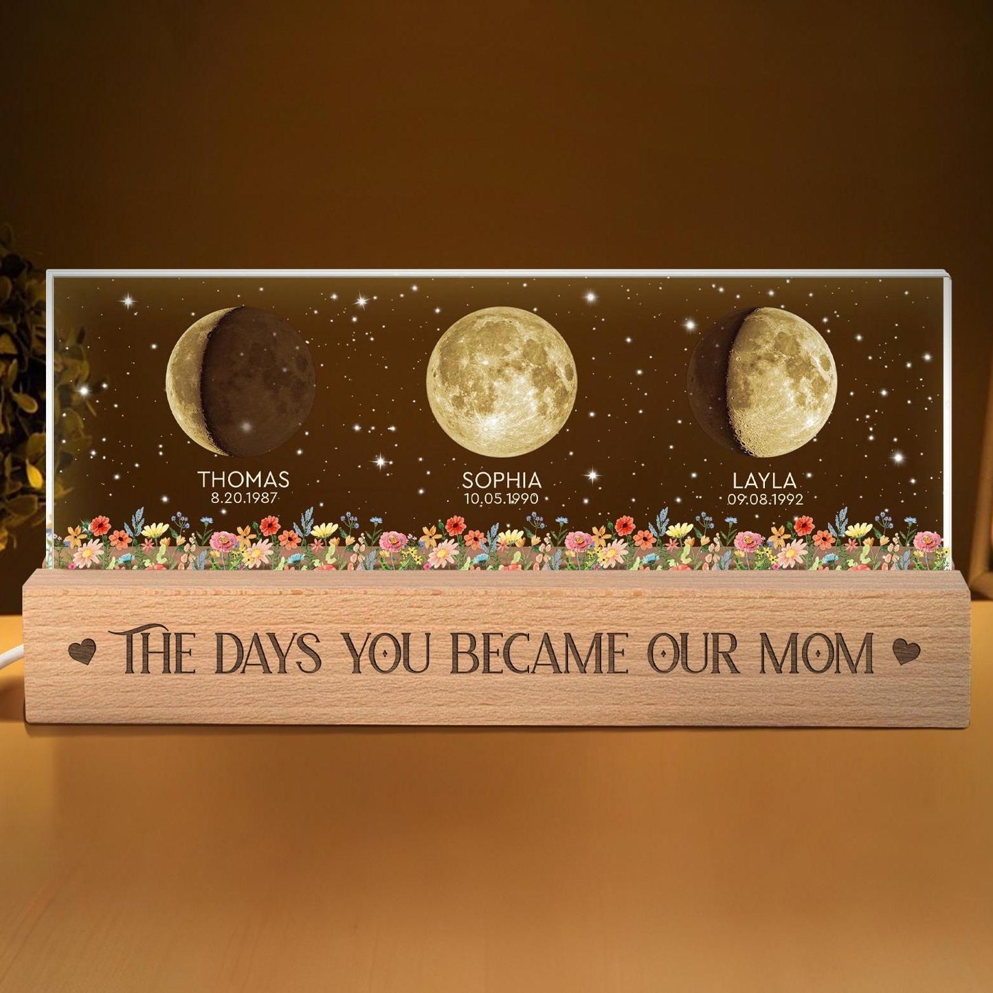 Custom Moon Phase Acrylic Night Light | Personalized Name, Date & Quote Mom Gift