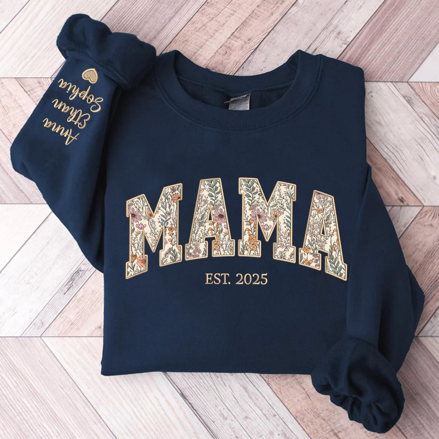 Custom Floral Mama Sweatshirt - Personalized Kid Names Sleeve & EST. Date