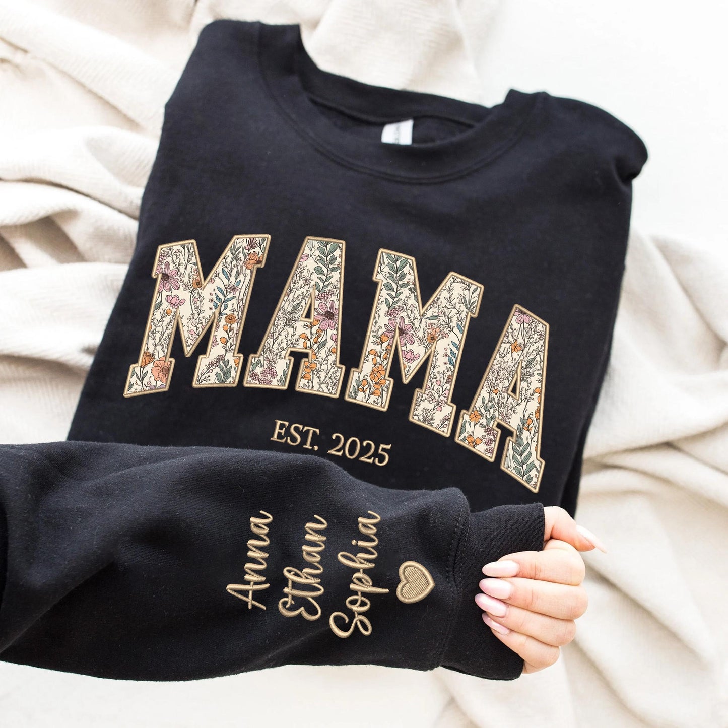 Custom Floral Mama Sweatshirt - Personalized Kid Names Sleeve & EST. Date