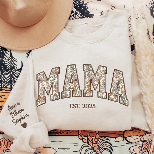 Custom Floral Mama Sweatshirt - Personalized Kid Names Sleeve & EST. Date