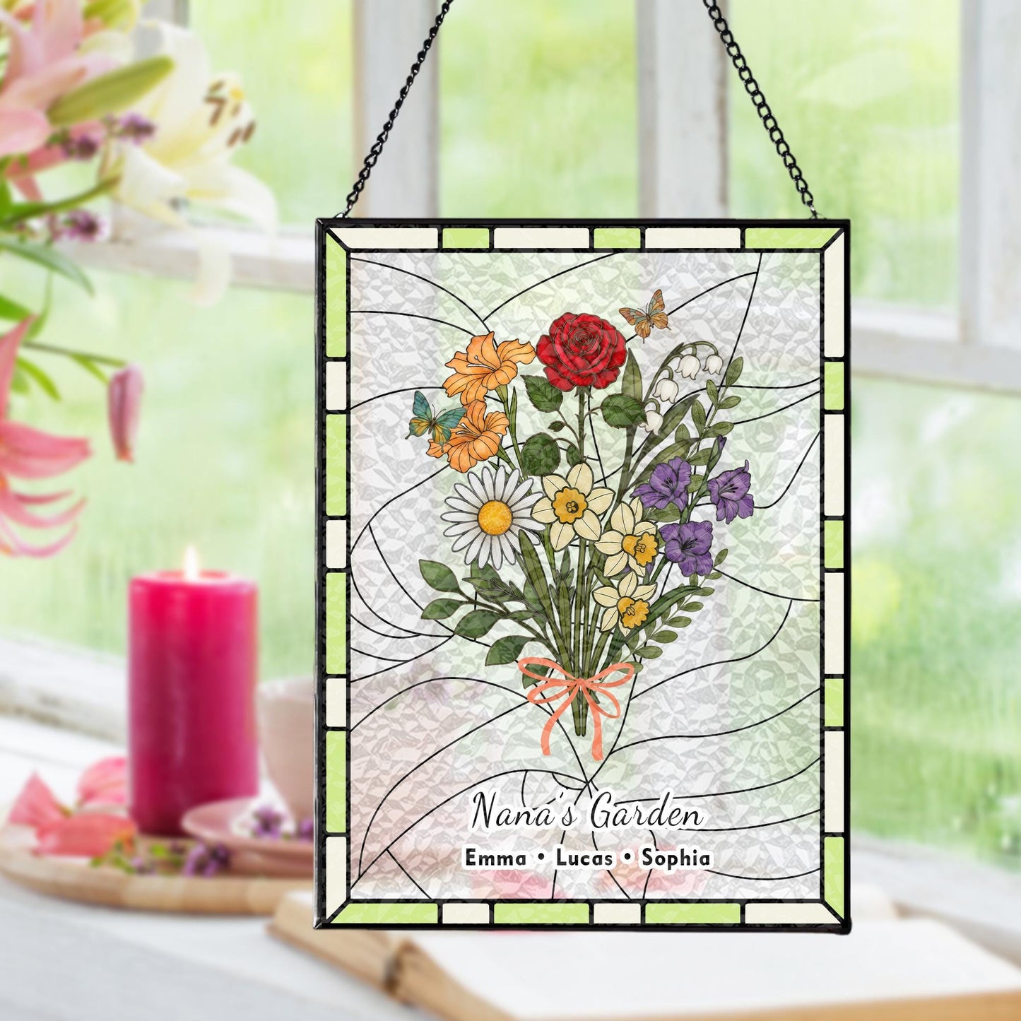 Personalized Nana's Garden Birth Flower Suncatcher — Her Forever Blooming Bouquet