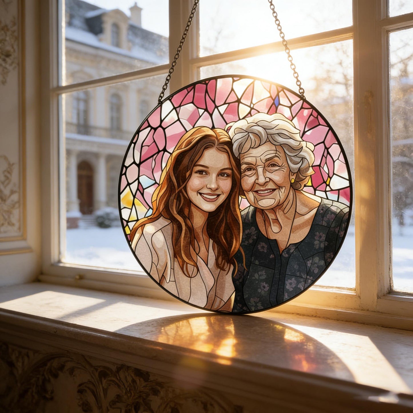 Custom Photo Stained Glass Window Hanging | Personalized Family Portrait Suncatcher | Mother’s Day Gift