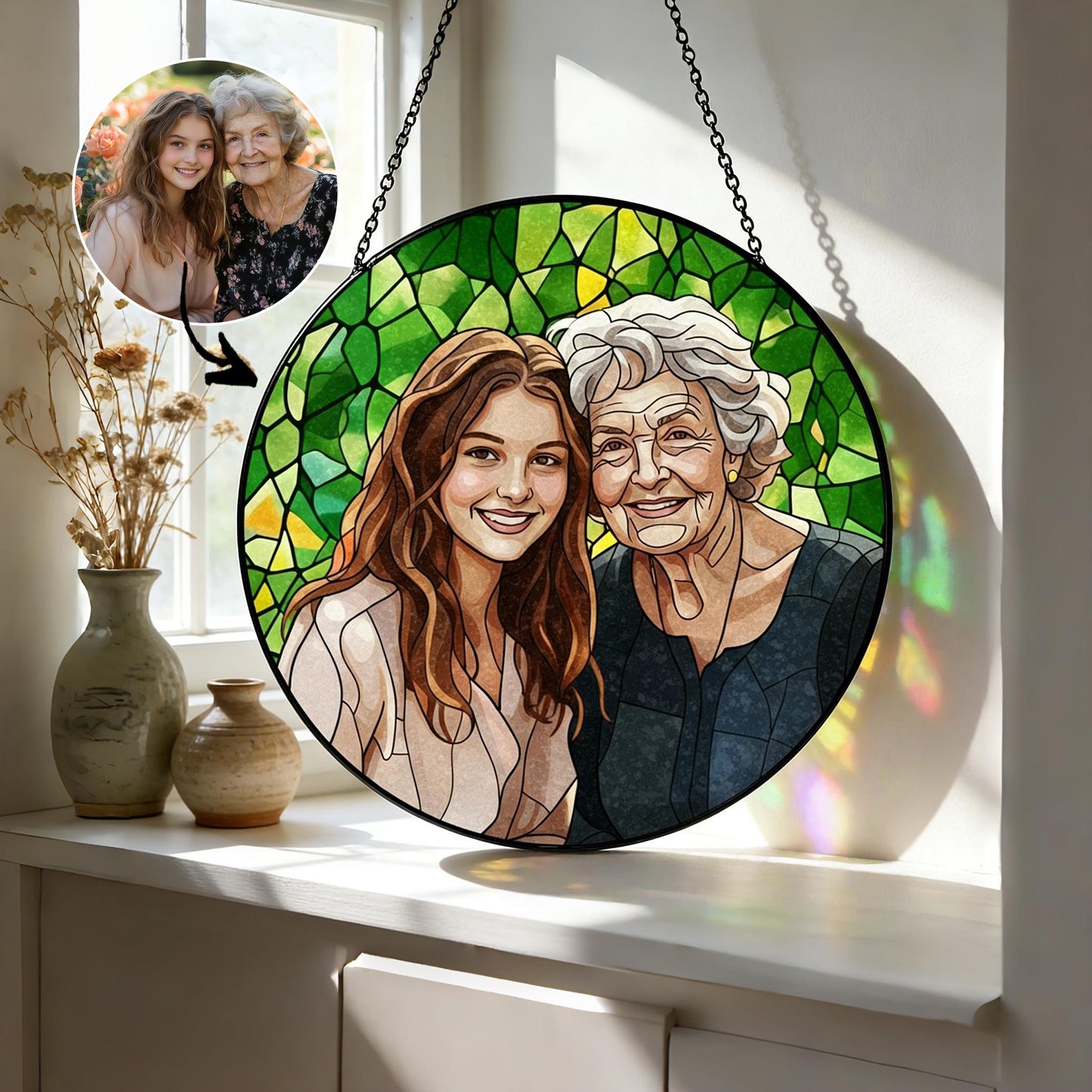 Custom Photo Stained Glass Window Hanging | Personalized Family Portrait Suncatcher | Mother’s Day Gift
