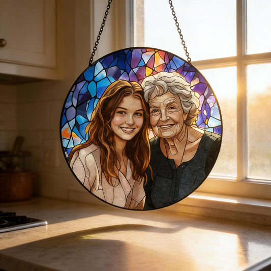 Custom Photo Stained Glass Window Hanging | Personalized Family Portrait Suncatcher | Mother’s Day Gift