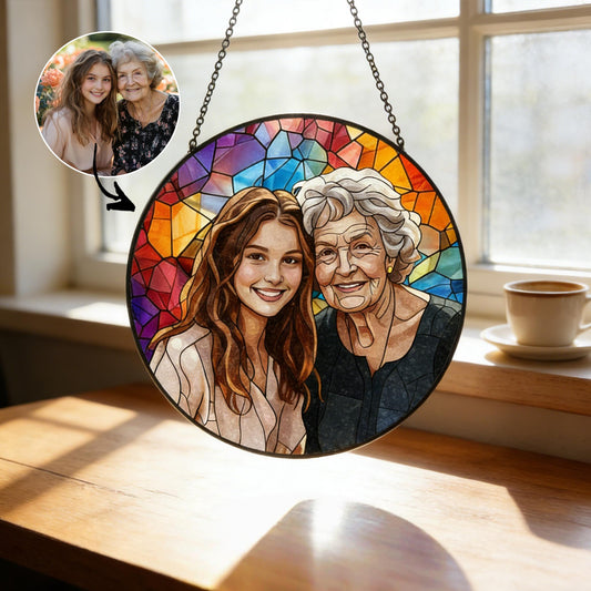 Custom Photo Stained Glass Window Hanging | Personalized Family Portrait Suncatcher | Mother’s Day Gift