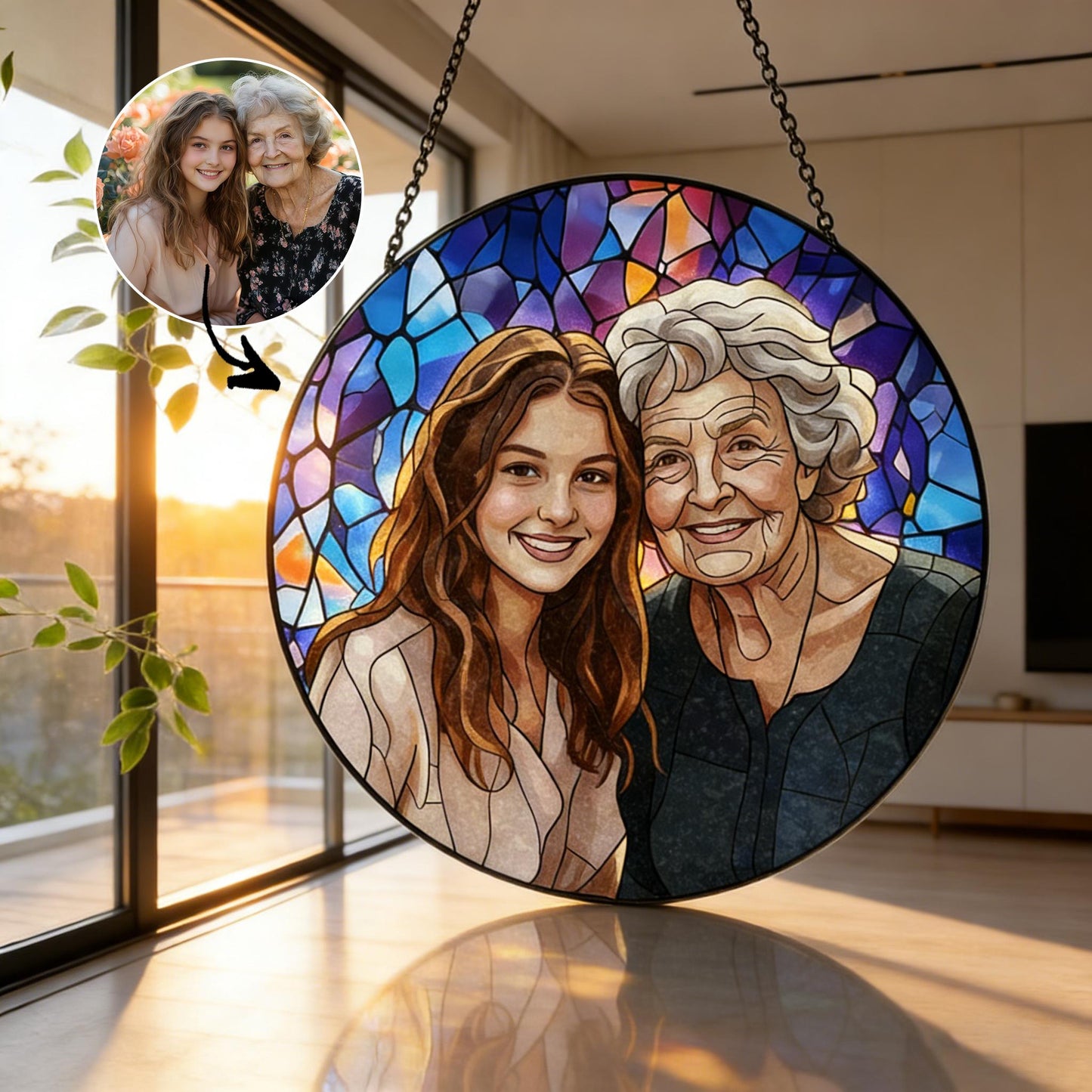 Custom Photo Stained Glass Window Hanging | Personalized Family Portrait Suncatcher | Mother’s Day Gift