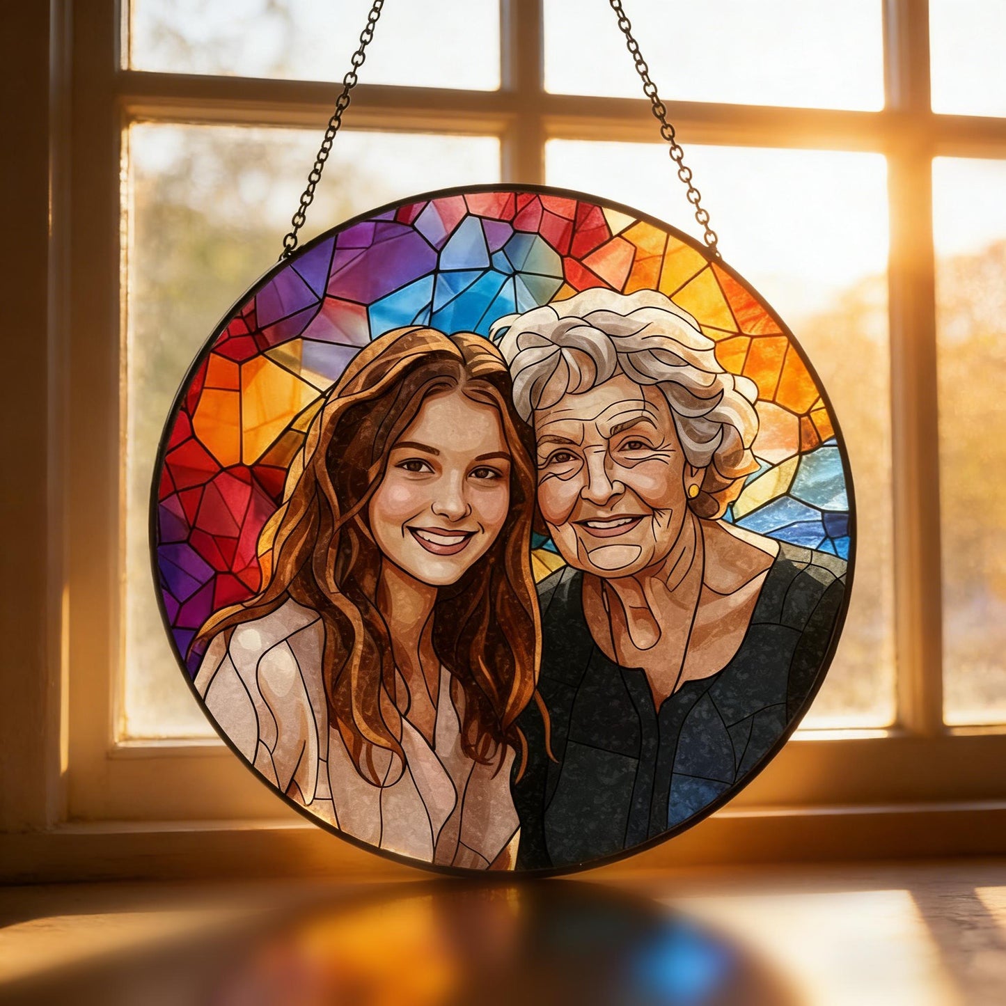 Custom Photo Stained Glass Window Hanging | Personalized Family Portrait Suncatcher | Mother’s Day Gift