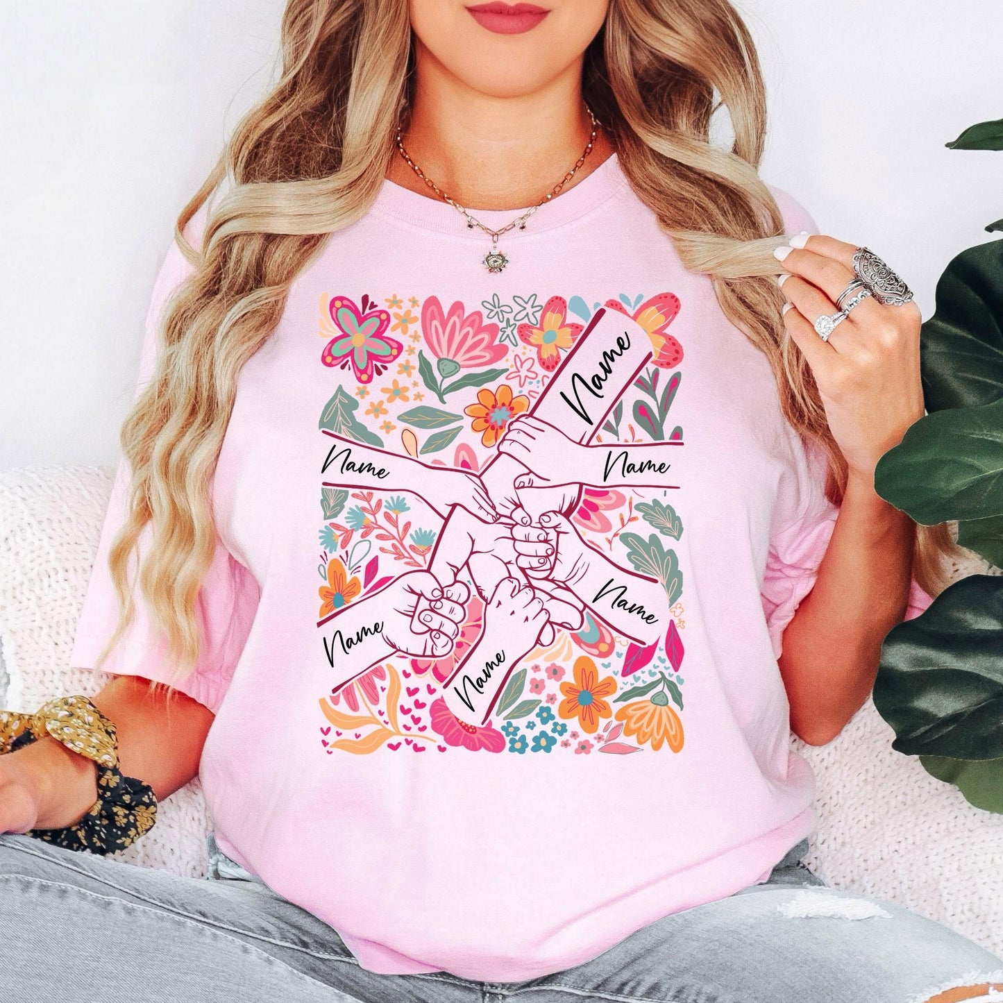 Personalized Mom Shirt with Kids Names | Custom Handprint Floral T-Shirt