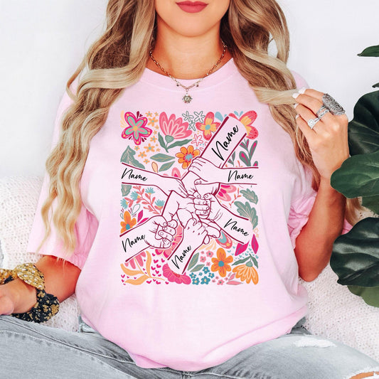 Personalized Mom Shirt with Kids Names | Custom Handprint Floral T-Shirt
