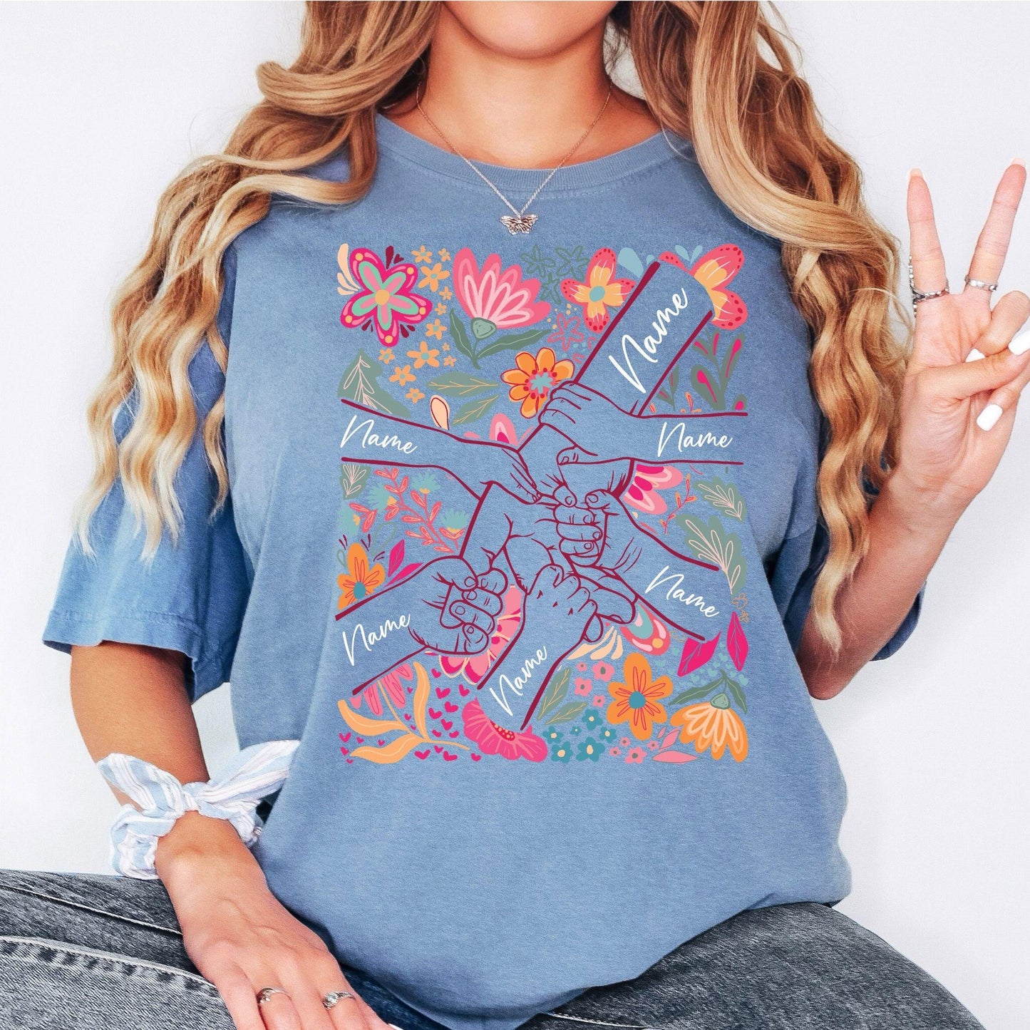 Personalized Mom Shirt with Kids Names | Custom Handprint Floral T-Shirt