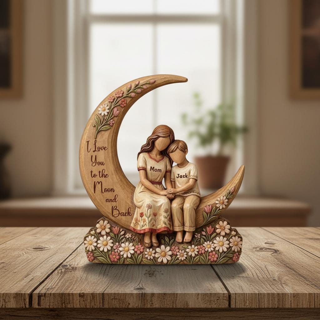 Custom Mom & Kids Moon Wood Statue Engraved Love Quote