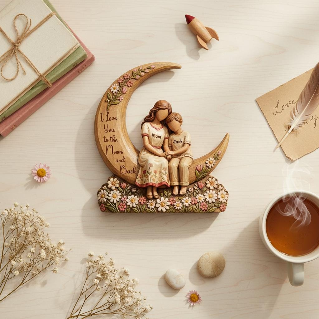 Custom Mom & Kids Moon Wood Statue Engraved Love Quote