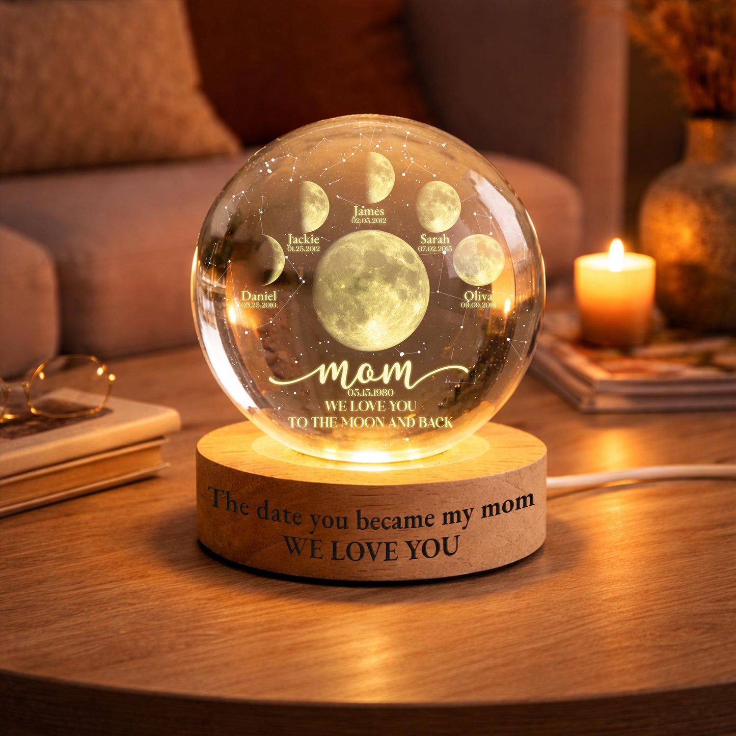 Custom Mom Moon Lamp with Kids Names & Birth Dates