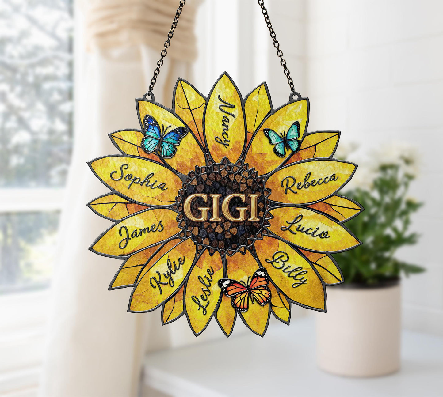 Customizable Sunflower Stained Glass Suncatcher with Grandkids Names Mother's Day Gift for Grandma/Nana