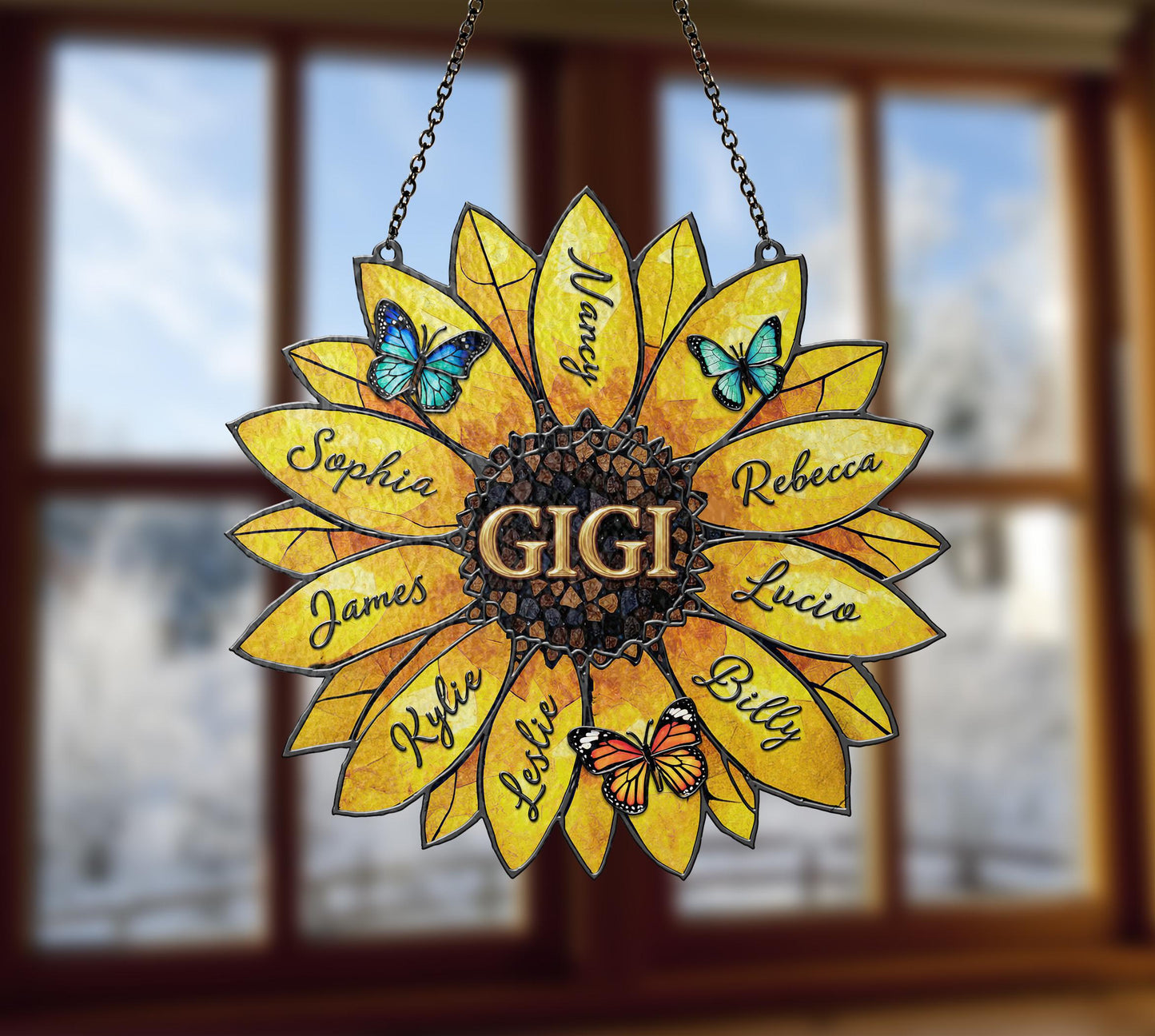 Customizable Sunflower Stained Glass Suncatcher with Grandkids Names Mother's Day Gift for Grandma/Nana
