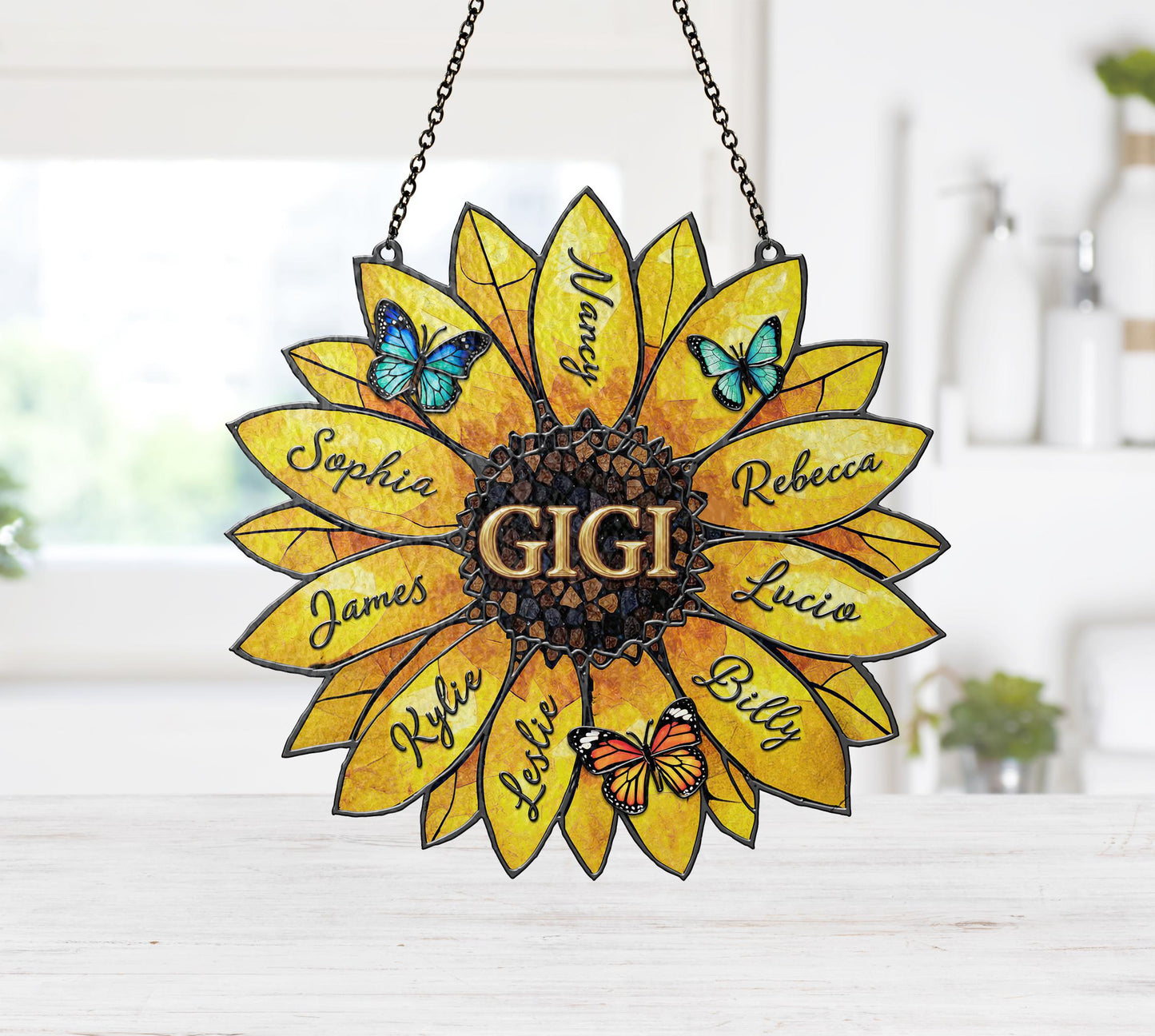 Customizable Sunflower Stained Glass Suncatcher with Grandkids Names Mother's Day Gift for Grandma/Nana