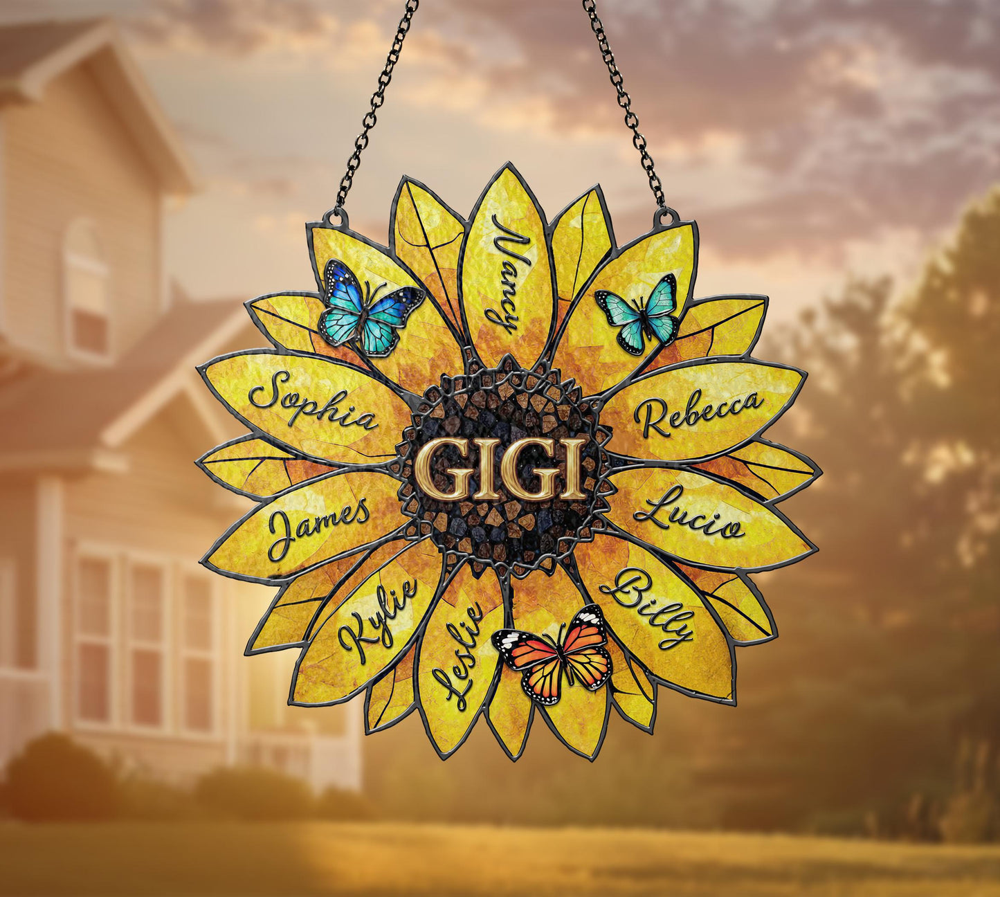 Customizable Sunflower Stained Glass Suncatcher with Grandkids Names Mother's Day Gift for Grandma/Nana