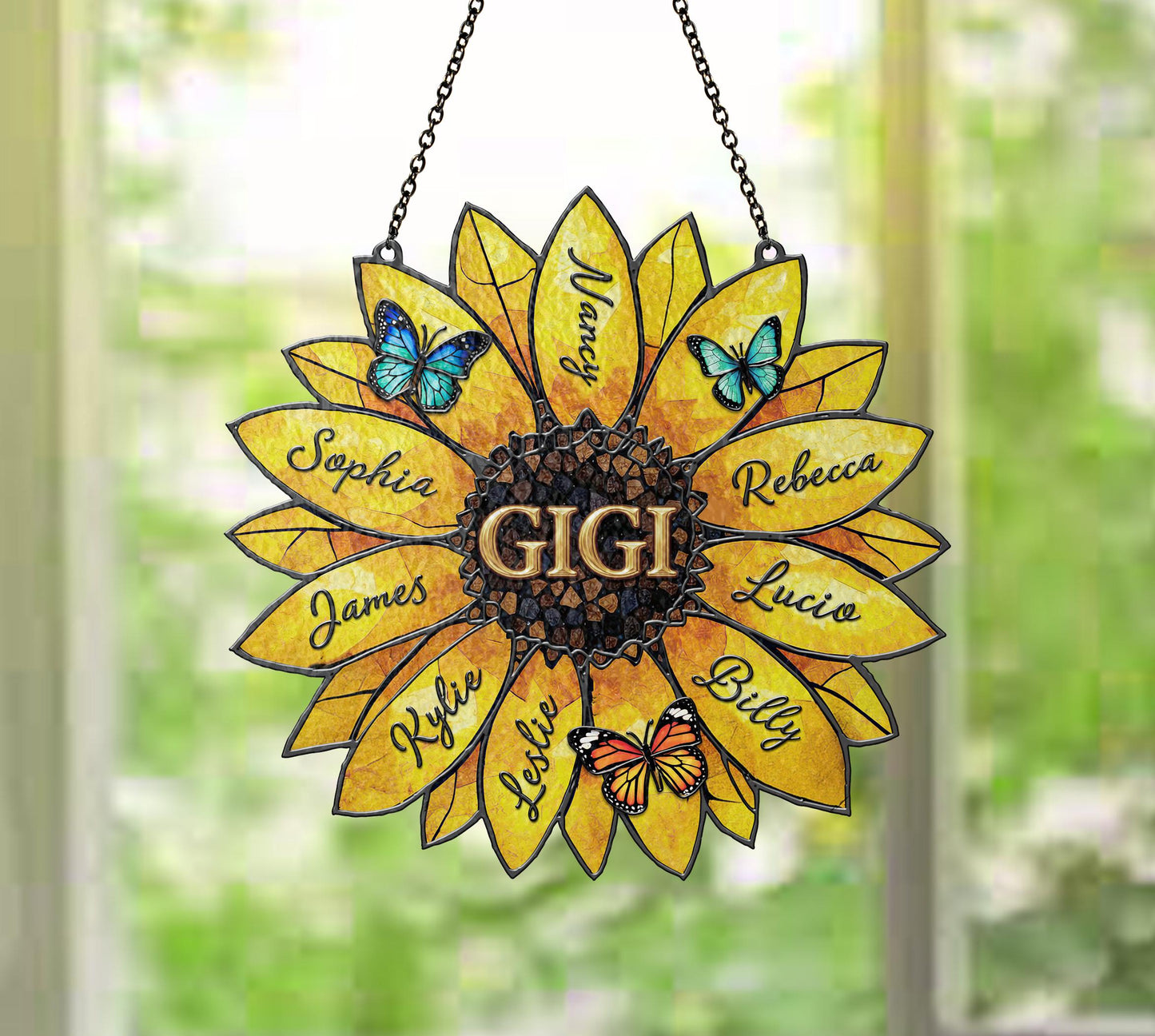 Customizable Sunflower Stained Glass Suncatcher with Grandkids Names Mother's Day Gift for Grandma/Nana