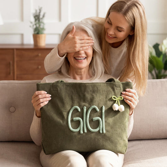 Personalized Grandma Tote Bag Custom Knitted Name Corduroy Bag Mother's Day Gift for Nana Gigi