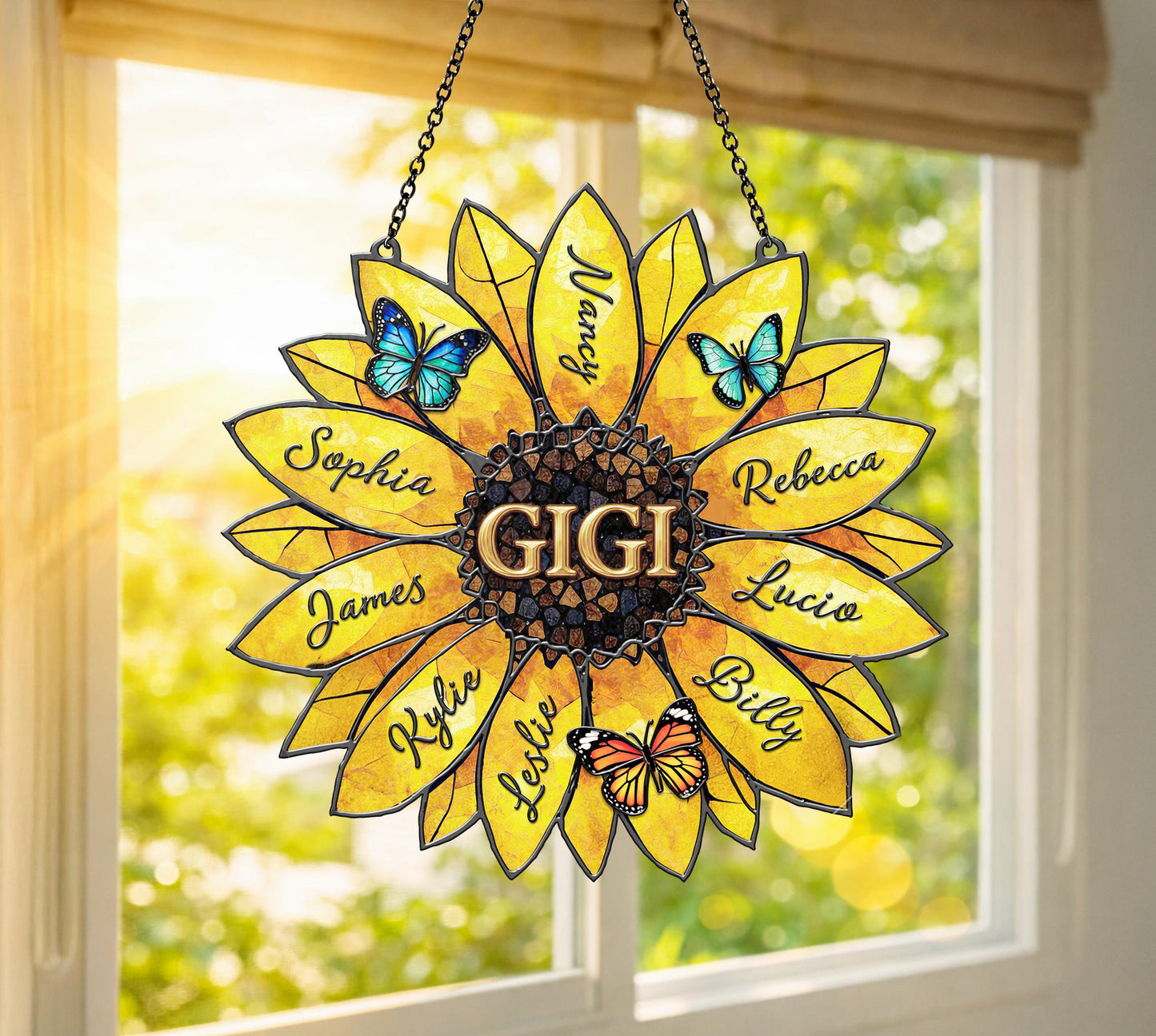 Customizable Sunflower Stained Glass Suncatcher with Grandkids Names Mother's Day Gift for Grandma/Nana