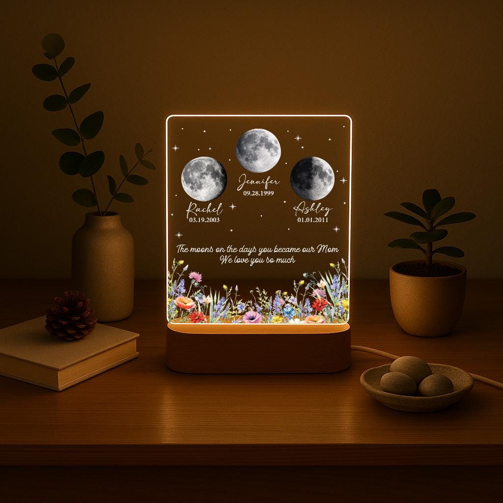 Custom Moon Phase Night Light - Personalized Mom Birth Moon Lamp with Names & Custom Quote