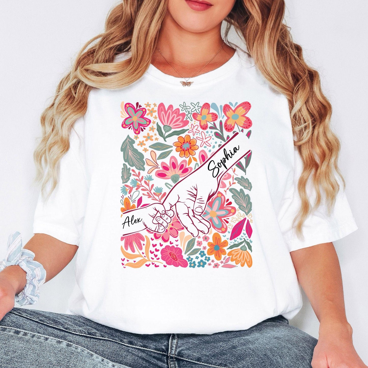 Personalized Mom Shirt with Kids Names | Custom Handprint Floral T-Shirt
