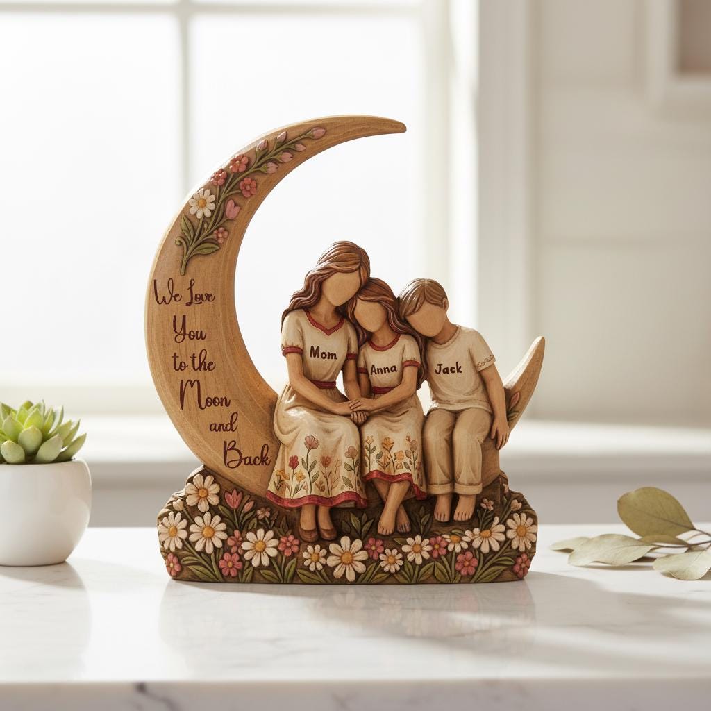 Custom Mom & Kids Moon Wood Statue Engraved Love Quote
