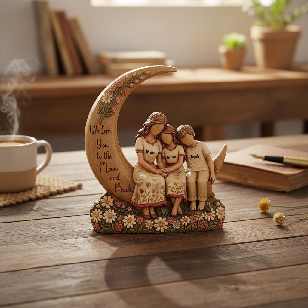 Custom Mom & Kids Moon Wood Statue Engraved Love Quote