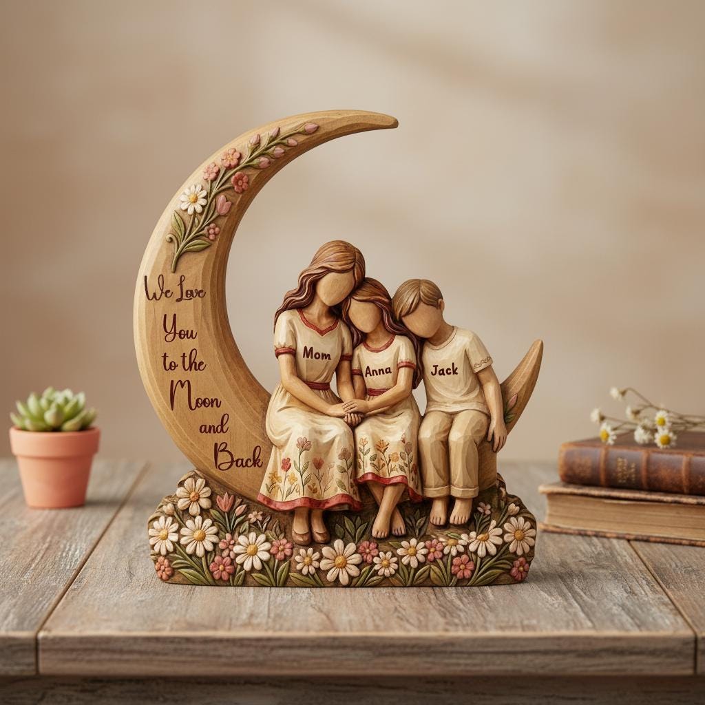 Custom Mom & Kids Moon Wood Statue Engraved Love Quote