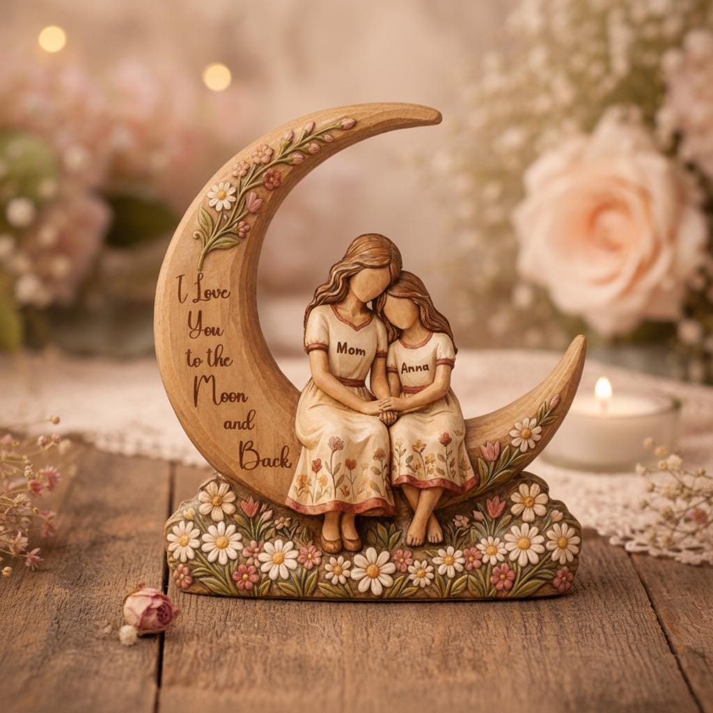 Custom Mom & Kids Moon Wood Statue Engraved Love Quote
