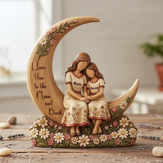 Custom Mom & Kids Moon Wood Statue Engraved Love Quote