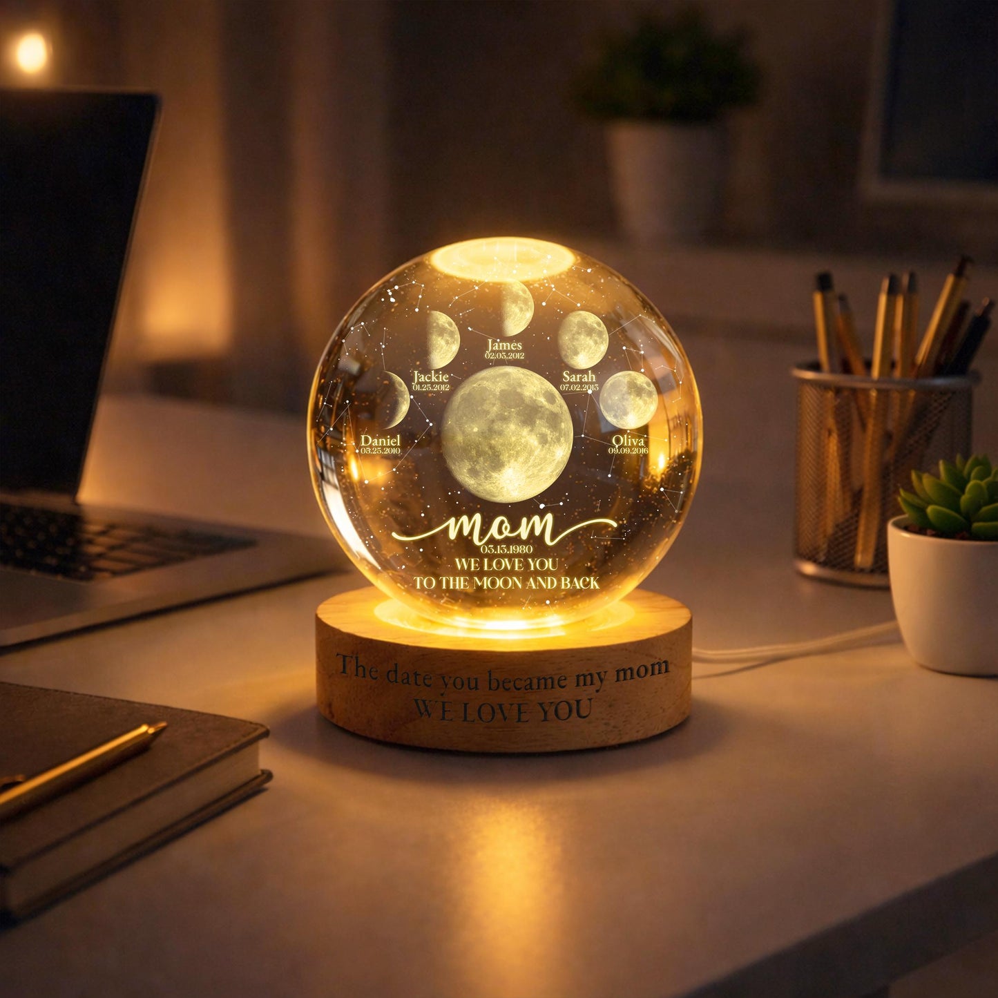 Custom Mom Moon Lamp with Kids Names & Birth Dates