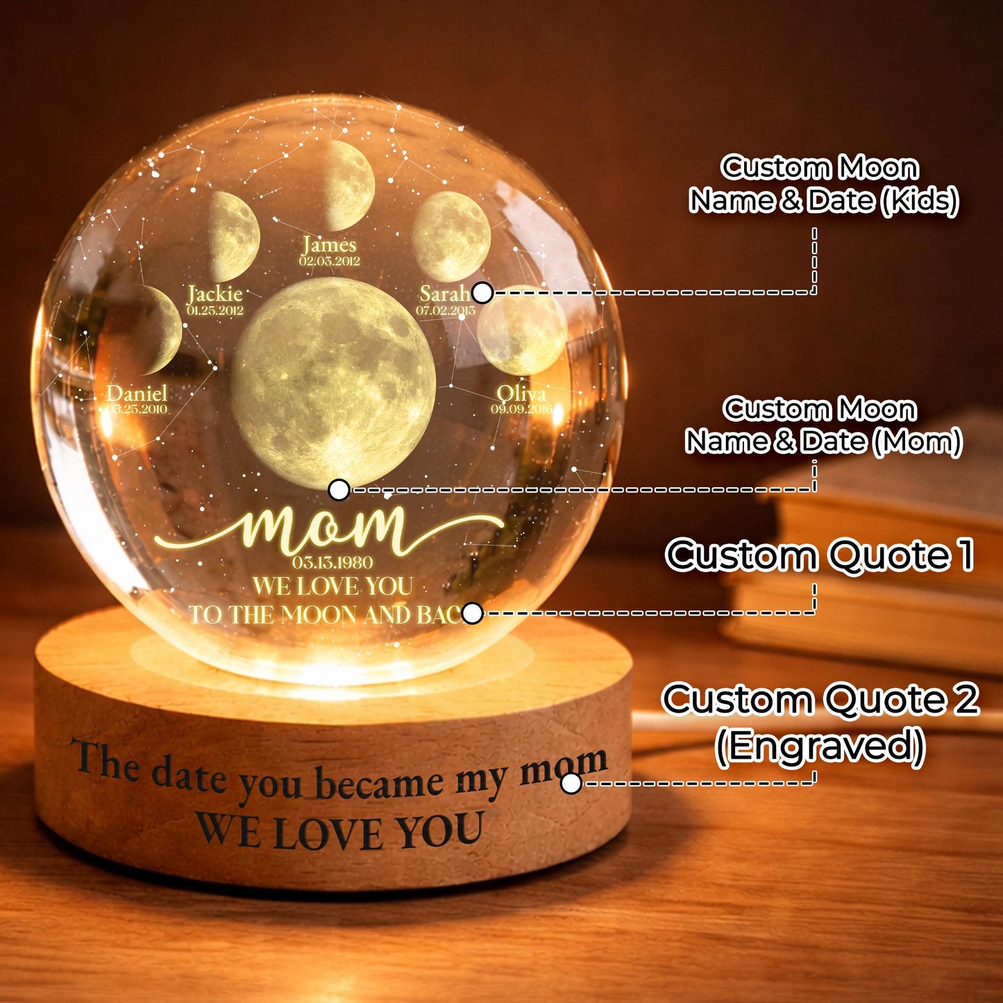 Custom Mom Moon Lamp with Kids Names & Birth Dates