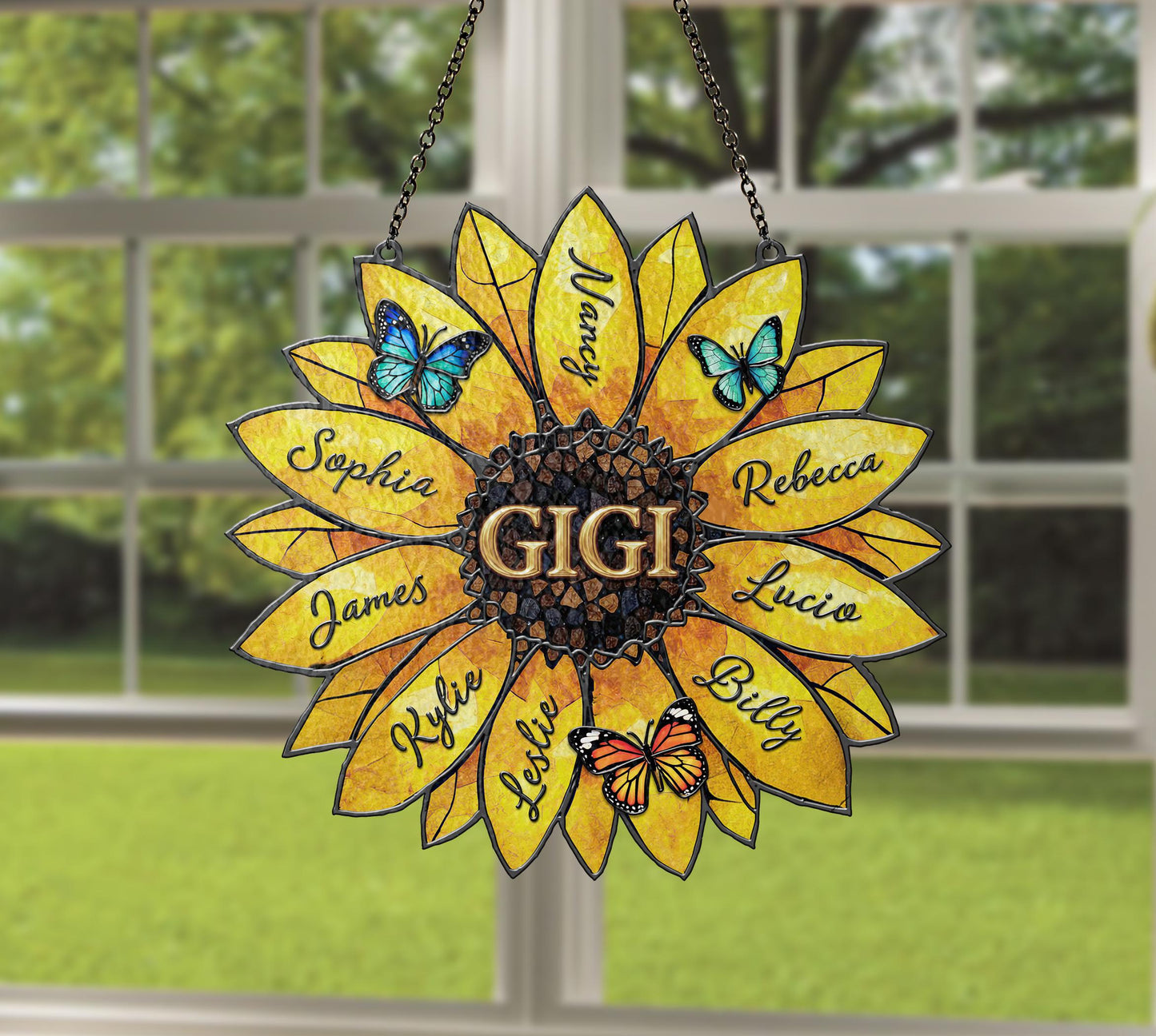 Customizable Sunflower Stained Glass Suncatcher with Grandkids Names Mother's Day Gift for Grandma/Nana