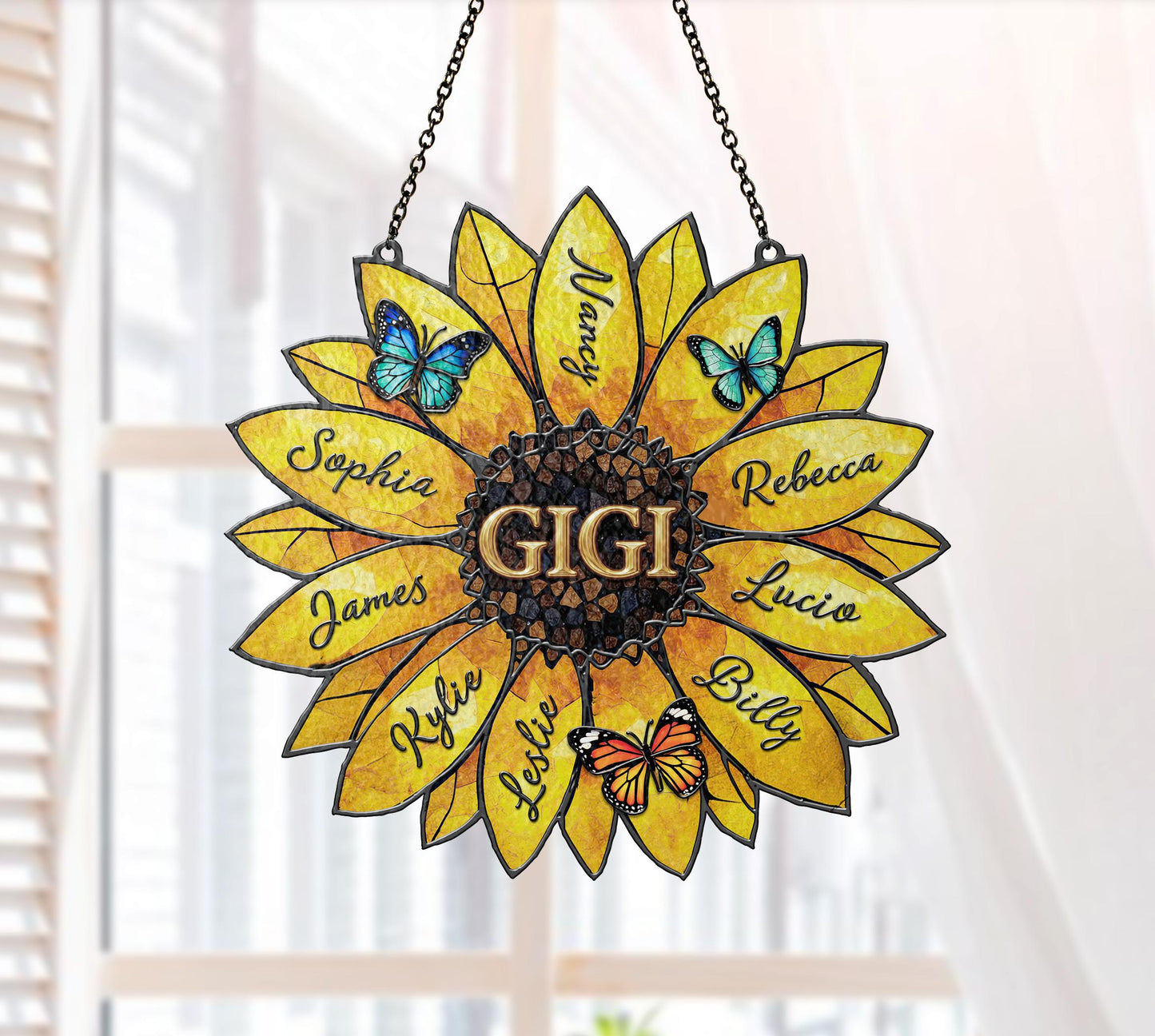 Customizable Sunflower Stained Glass Suncatcher with Grandkids Names Mother's Day Gift for Grandma/Nana