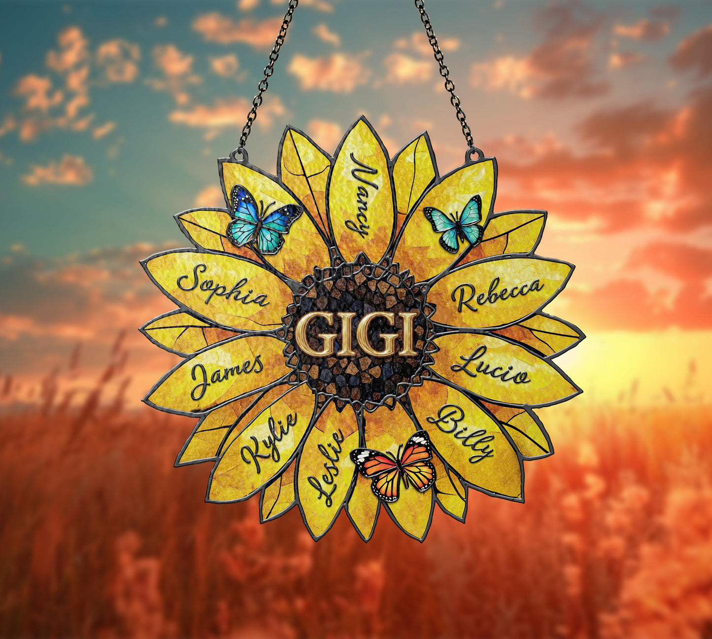 Customizable Sunflower Stained Glass Suncatcher with Grandkids Names Mother's Day Gift for Grandma/Nana