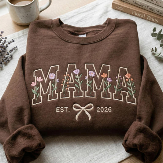 Custom Floral MAMA Sweatshirt Birth Flower Embroidery with Custom Name Nickname & Established Date