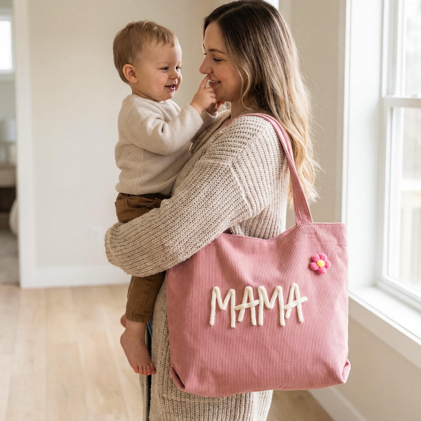 Personalized Grandma Tote Bag Custom Knitted Name Corduroy Bag Mother's Day Gift for Nana Gigi