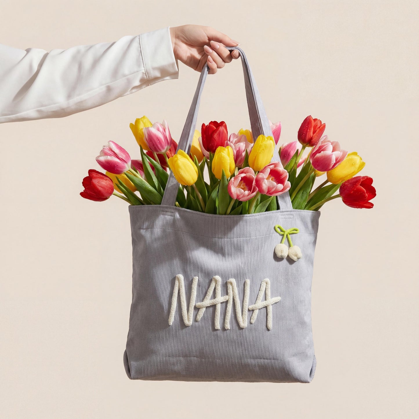 Personalized Grandma Tote Bag Custom Knitted Name Corduroy Bag Mother's Day Gift for Nana Gigi