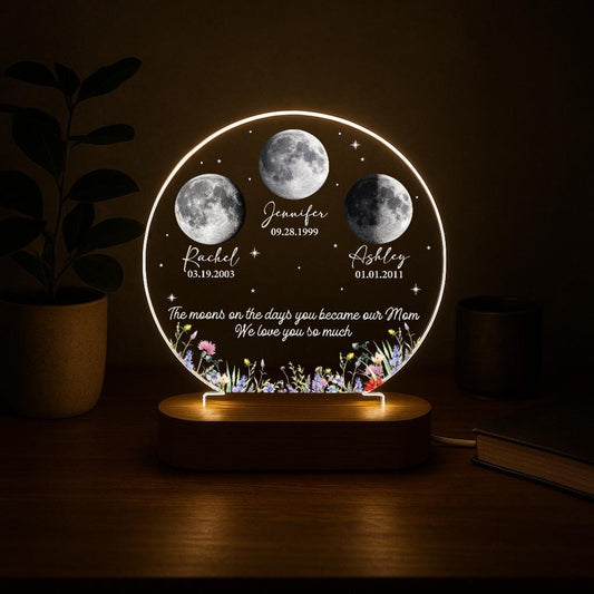 Custom Moon Phase Night Light - Personalized Mom Birth Moon Lamp with Names & Custom Quote