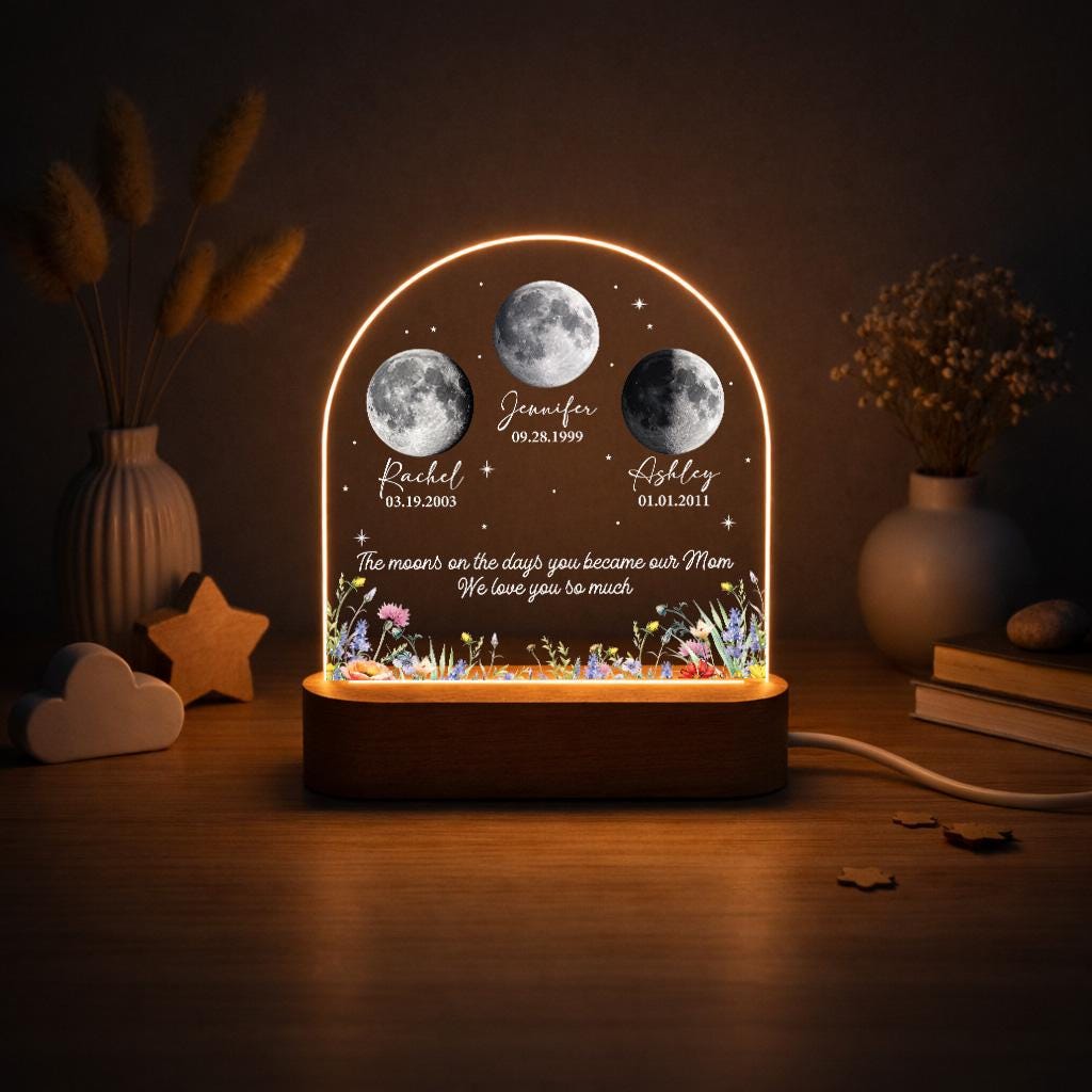 Custom Moon Phase Night Light - Personalized Mom Birth Moon Lamp with Names & Custom Quote