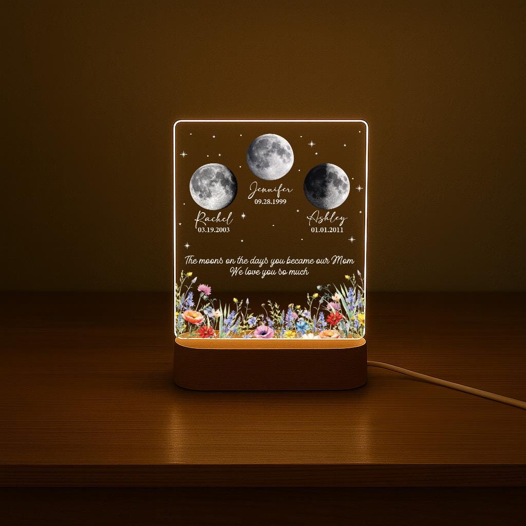 Custom Moon Phase Night Light - Personalized Mom Birth Moon Lamp with Names & Custom Quote