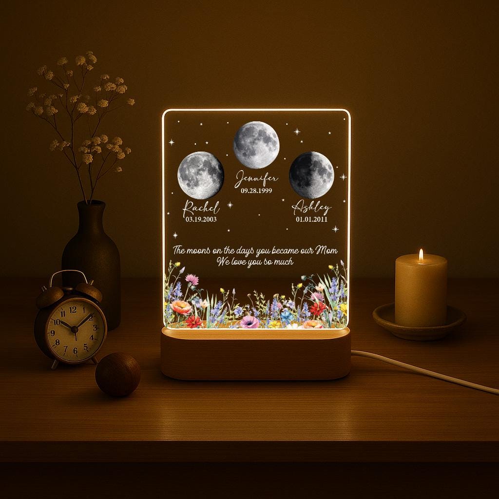 Custom Moon Phase Night Light - Personalized Mom Birth Moon Lamp with Names & Custom Quote