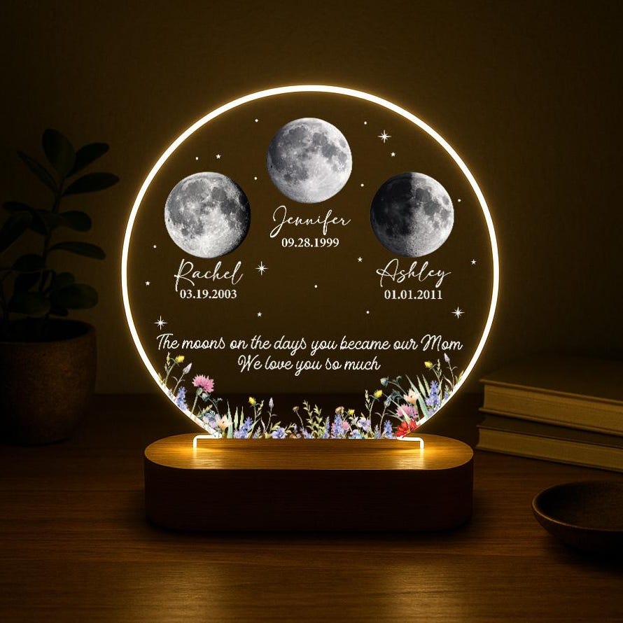 Custom Moon Phase Night Light - Personalized Mom Birth Moon Lamp with Names & Custom Quote