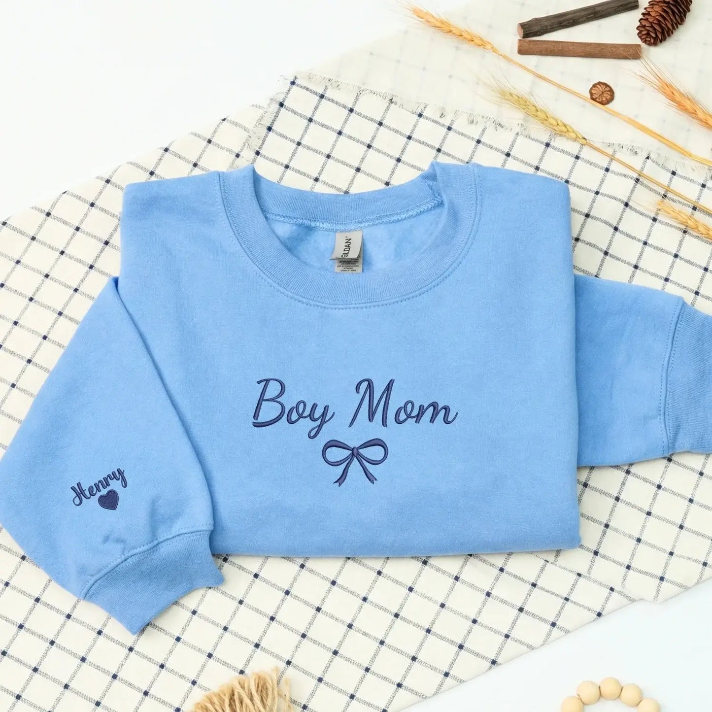 Custom Embroidered Boy Mom Sweatshirt with Kids Name, Personalized Gift for Her, New Mom Mother's Day