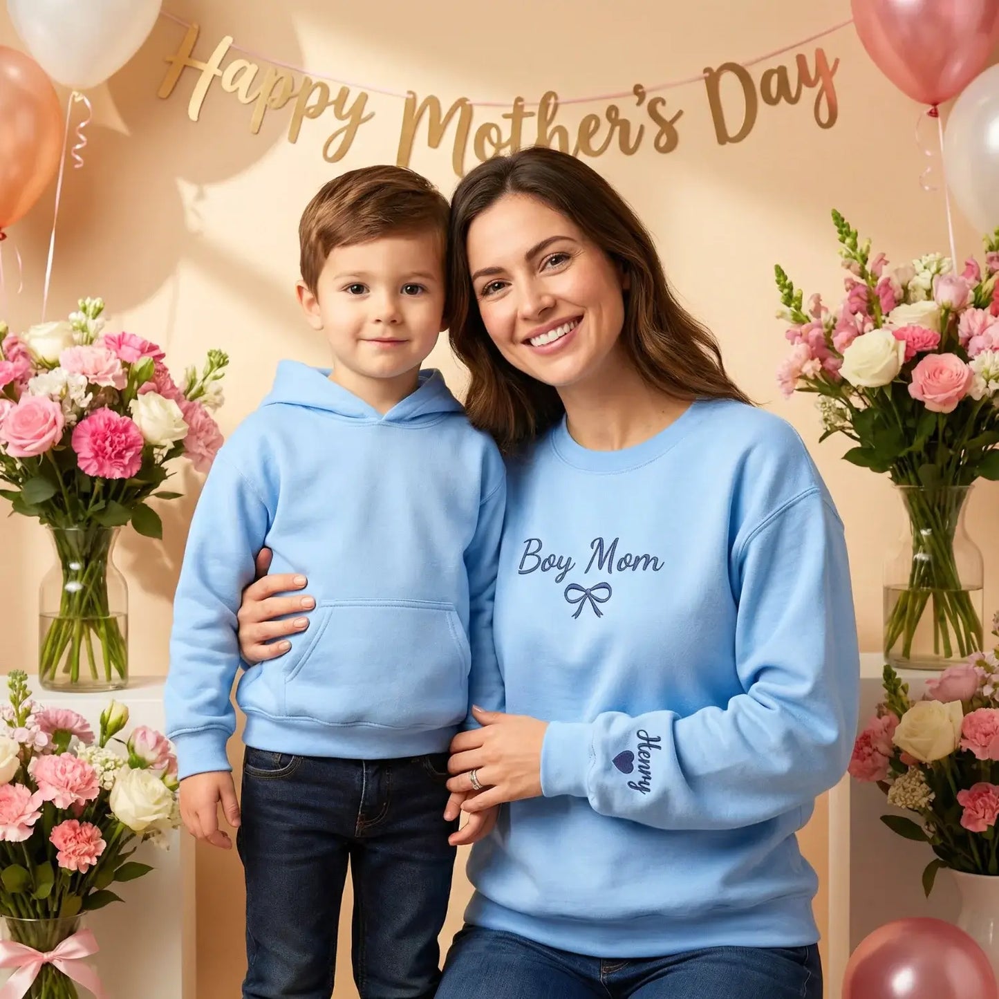 Custom Embroidered Boy Mom Sweatshirt with Kids Name, Personalized Gift for Her, New Mom Mother's Day